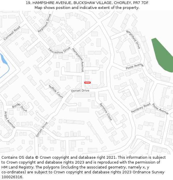19, HAMPSHIRE AVENUE, BUCKSHAW VILLAGE, CHORLEY, PR7 7DF: Location map and indicative extent of plot