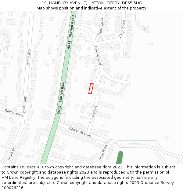 19, HANBURY AVENUE, HATTON, DERBY, DE65 5HG: Location map and indicative extent of plot