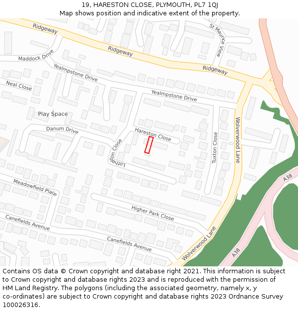 19, HARESTON CLOSE, PLYMOUTH, PL7 1QJ: Location map and indicative extent of plot