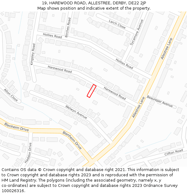 19, HAREWOOD ROAD, ALLESTREE, DERBY, DE22 2JP: Location map and indicative extent of plot