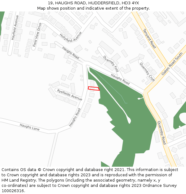 19, HAUGHS ROAD, HUDDERSFIELD, HD3 4YX: Location map and indicative extent of plot