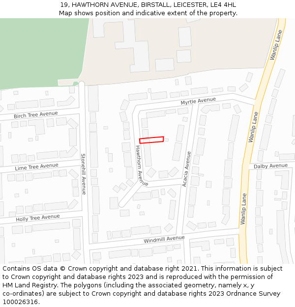 19, HAWTHORN AVENUE, BIRSTALL, LEICESTER, LE4 4HL: Location map and indicative extent of plot