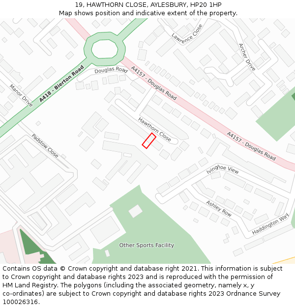 19, HAWTHORN CLOSE, AYLESBURY, HP20 1HP: Location map and indicative extent of plot