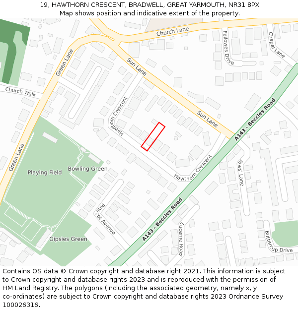 19, HAWTHORN CRESCENT, BRADWELL, GREAT YARMOUTH, NR31 8PX: Location map and indicative extent of plot
