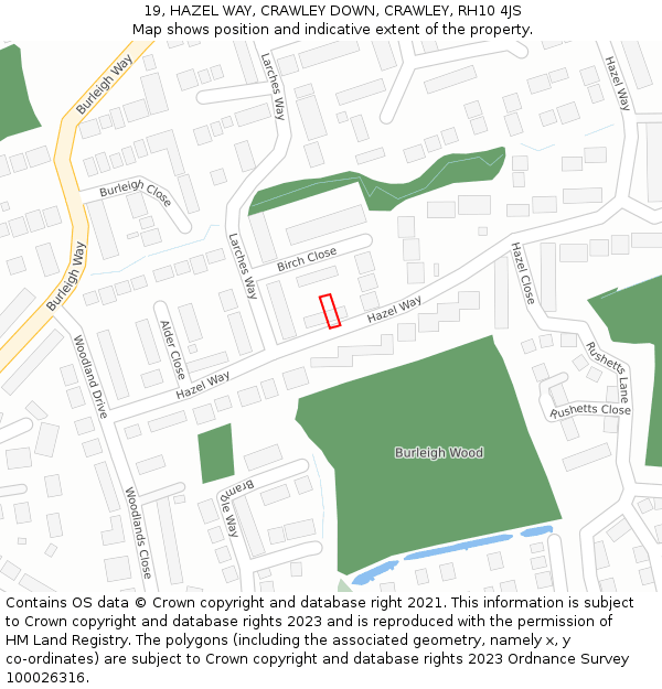 19, HAZEL WAY, CRAWLEY DOWN, CRAWLEY, RH10 4JS: Location map and indicative extent of plot