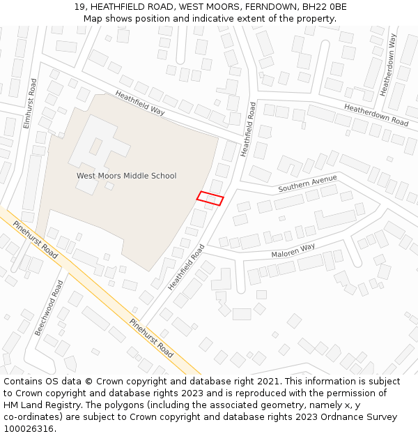 19, HEATHFIELD ROAD, WEST MOORS, FERNDOWN, BH22 0BE: Location map and indicative extent of plot