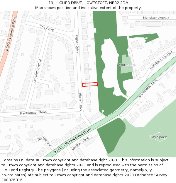 19, HIGHER DRIVE, LOWESTOFT, NR32 3DA: Location map and indicative extent of plot