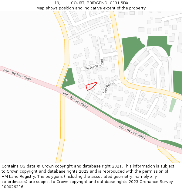 19, HILL COURT, BRIDGEND, CF31 5BX: Location map and indicative extent of plot
