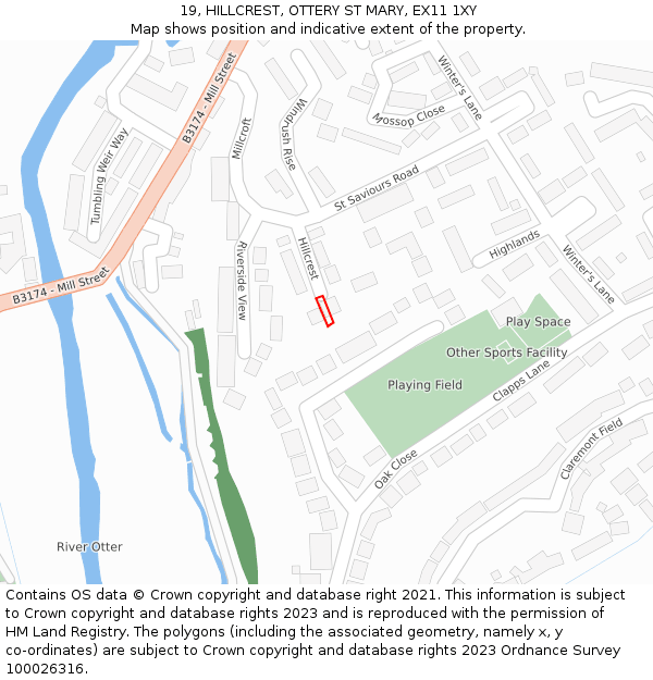 19, HILLCREST, OTTERY ST MARY, EX11 1XY: Location map and indicative extent of plot