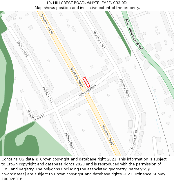 19, HILLCREST ROAD, WHYTELEAFE, CR3 0DL: Location map and indicative extent of plot