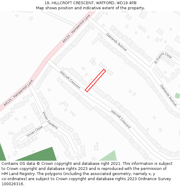 19, HILLCROFT CRESCENT, WATFORD, WD19 4PB: Location map and indicative extent of plot