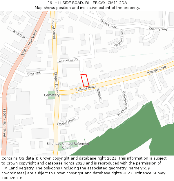 19, HILLSIDE ROAD, BILLERICAY, CM11 2DA: Location map and indicative extent of plot