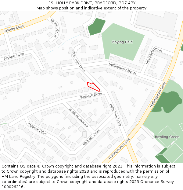 19, HOLLY PARK DRIVE, BRADFORD, BD7 4BY: Location map and indicative extent of plot