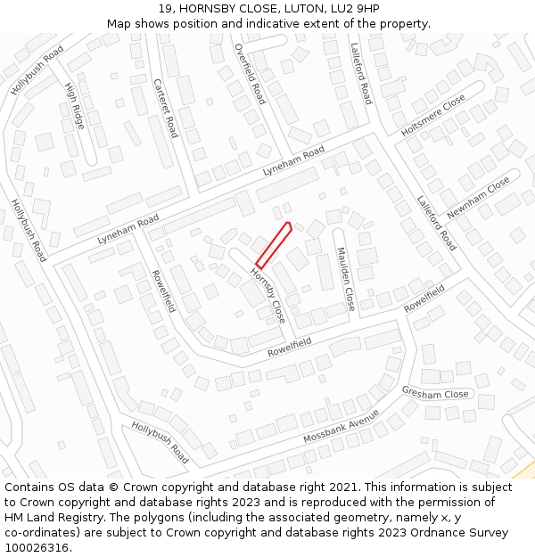 19, HORNSBY CLOSE, LUTON, LU2 9HP: Location map and indicative extent of plot