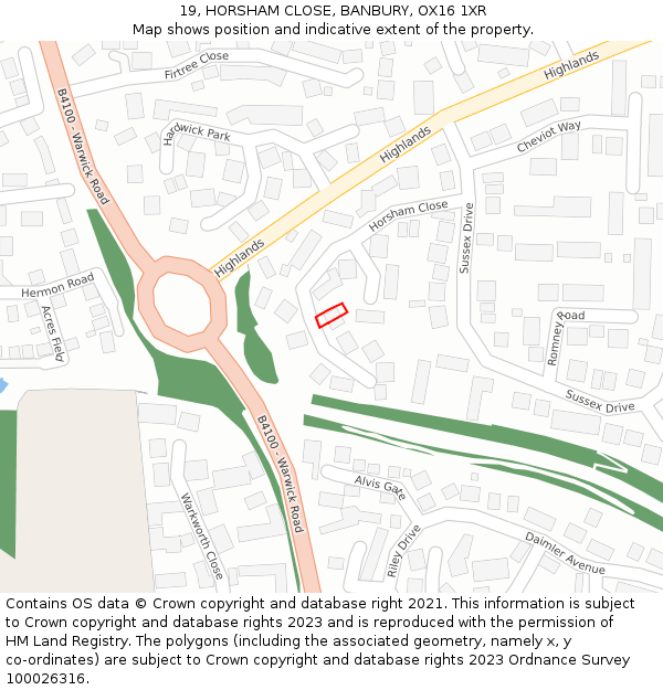 19, HORSHAM CLOSE, BANBURY, OX16 1XR: Location map and indicative extent of plot