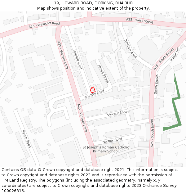 19, HOWARD ROAD, DORKING, RH4 3HR: Location map and indicative extent of plot