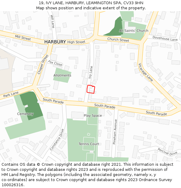 19, IVY LANE, HARBURY, LEAMINGTON SPA, CV33 9HN: Location map and indicative extent of plot