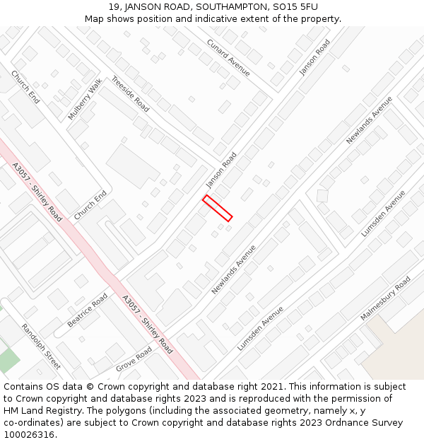 19, JANSON ROAD, SOUTHAMPTON, SO15 5FU: Location map and indicative extent of plot