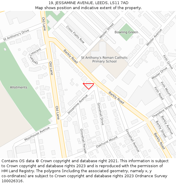 19, JESSAMINE AVENUE, LEEDS, LS11 7AD: Location map and indicative extent of plot