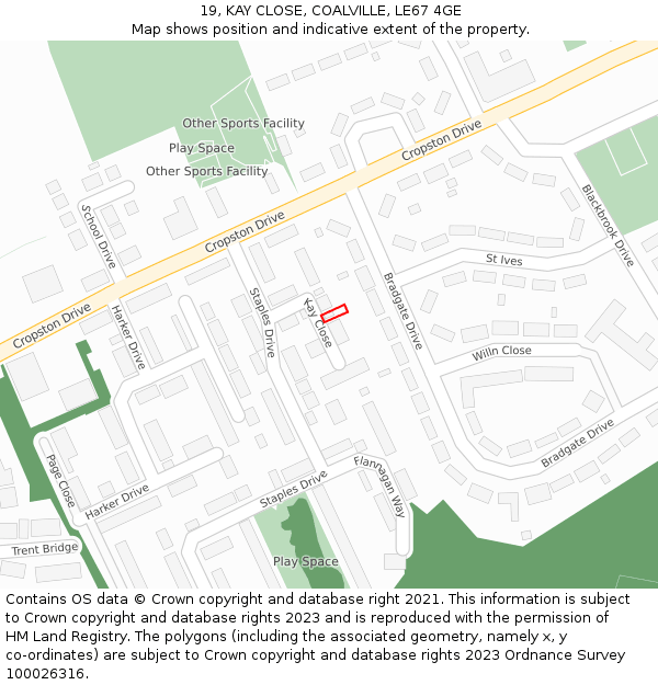 19, KAY CLOSE, COALVILLE, LE67 4GE: Location map and indicative extent of plot