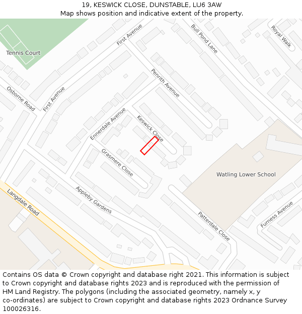 19, KESWICK CLOSE, DUNSTABLE, LU6 3AW: Location map and indicative extent of plot