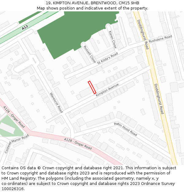 19, KIMPTON AVENUE, BRENTWOOD, CM15 9HB: Location map and indicative extent of plot