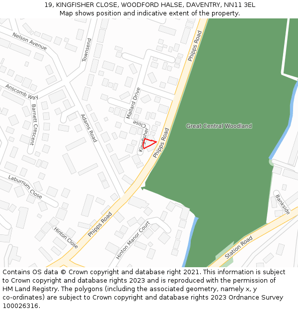 19, KINGFISHER CLOSE, WOODFORD HALSE, DAVENTRY, NN11 3EL: Location map and indicative extent of plot