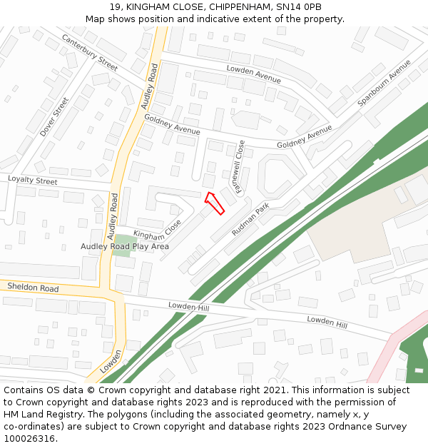 19, KINGHAM CLOSE, CHIPPENHAM, SN14 0PB: Location map and indicative extent of plot