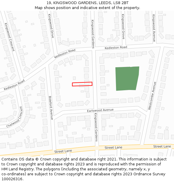 19, KINGSWOOD GARDENS, LEEDS, LS8 2BT: Location map and indicative extent of plot