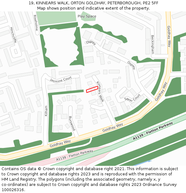 19, KINNEARS WALK, ORTON GOLDHAY, PETERBOROUGH, PE2 5FF: Location map and indicative extent of plot
