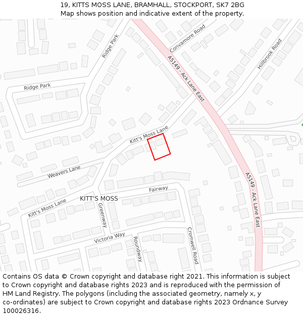 19, KITTS MOSS LANE, BRAMHALL, STOCKPORT, SK7 2BG: Location map and indicative extent of plot