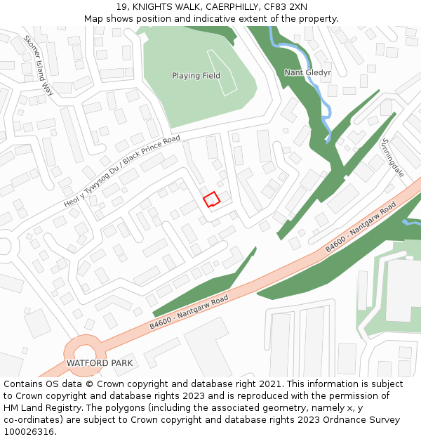 19, KNIGHTS WALK, CAERPHILLY, CF83 2XN: Location map and indicative extent of plot