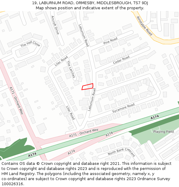 19, LABURNUM ROAD, ORMESBY, MIDDLESBROUGH, TS7 9DJ: Location map and indicative extent of plot