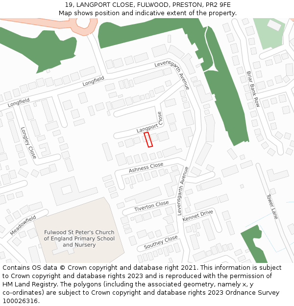 19, LANGPORT CLOSE, FULWOOD, PRESTON, PR2 9FE: Location map and indicative extent of plot