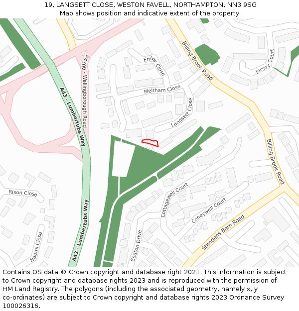 19, LANGSETT CLOSE, WESTON FAVELL, NORTHAMPTON, NN3 9SG: Location map and indicative extent of plot