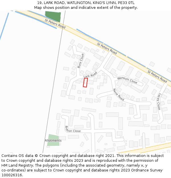 19, LARK ROAD, WATLINGTON, KING'S LYNN, PE33 0TL: Location map and indicative extent of plot