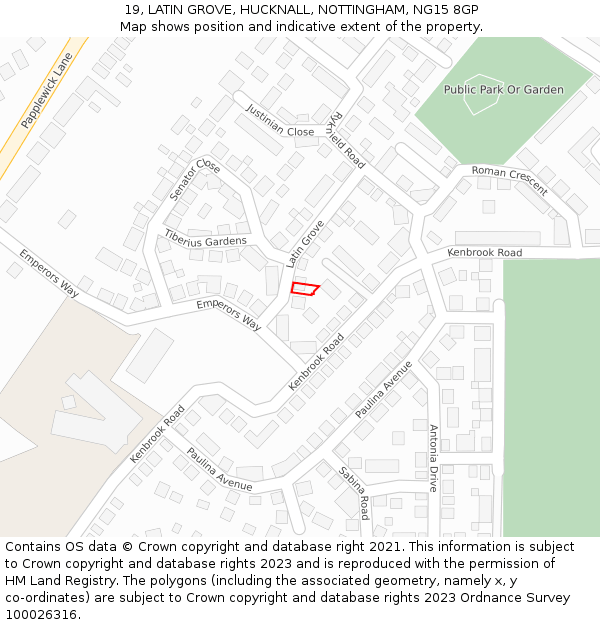 19, LATIN GROVE, HUCKNALL, NOTTINGHAM, NG15 8GP: Location map and indicative extent of plot