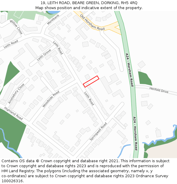 19, LEITH ROAD, BEARE GREEN, DORKING, RH5 4RQ: Location map and indicative extent of plot