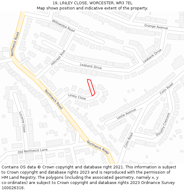 19, LINLEY CLOSE, WORCESTER, WR3 7EL: Location map and indicative extent of plot