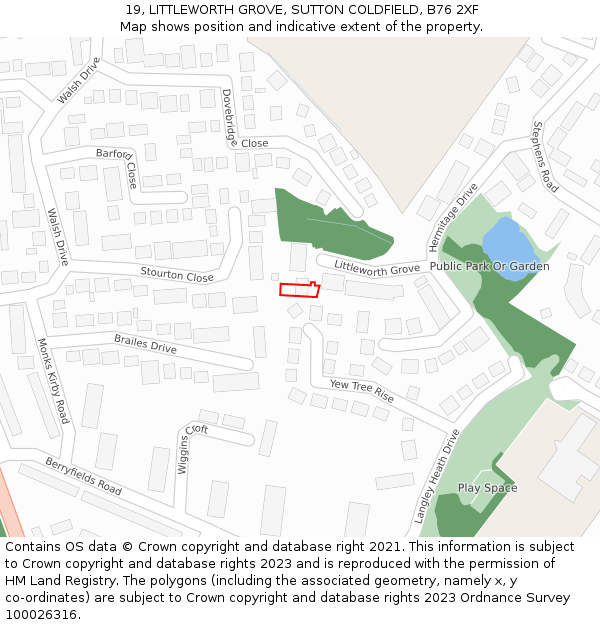 19, LITTLEWORTH GROVE, SUTTON COLDFIELD, B76 2XF: Location map and indicative extent of plot