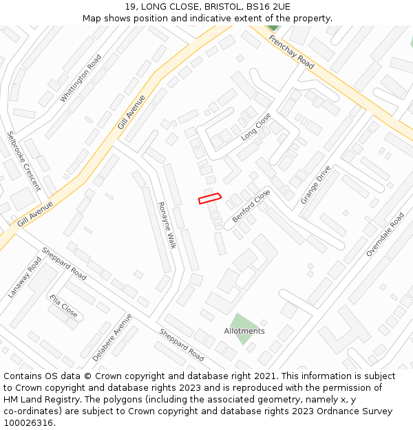 19, LONG CLOSE, BRISTOL, BS16 2UE: Location map and indicative extent of plot