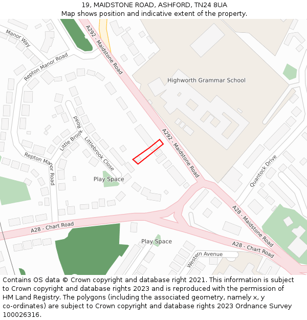 19, MAIDSTONE ROAD, ASHFORD, TN24 8UA: Location map and indicative extent of plot