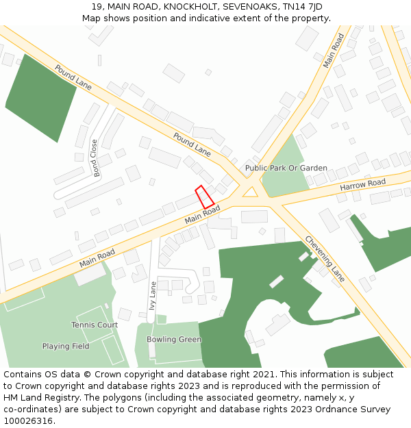19, MAIN ROAD, KNOCKHOLT, SEVENOAKS, TN14 7JD: Location map and indicative extent of plot