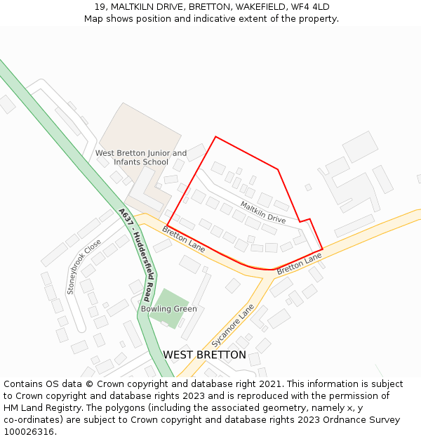 19, MALTKILN DRIVE, BRETTON, WAKEFIELD, WF4 4LD: Location map and indicative extent of plot