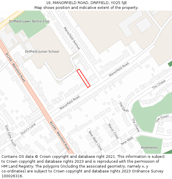 19, MANORFIELD ROAD, DRIFFIELD, YO25 5JE: Location map and indicative extent of plot