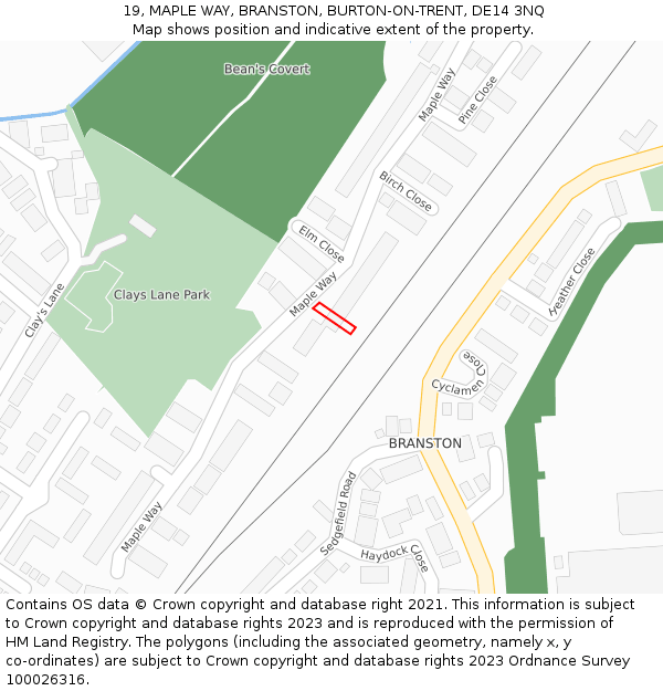 19, MAPLE WAY, BRANSTON, BURTON-ON-TRENT, DE14 3NQ: Location map and indicative extent of plot