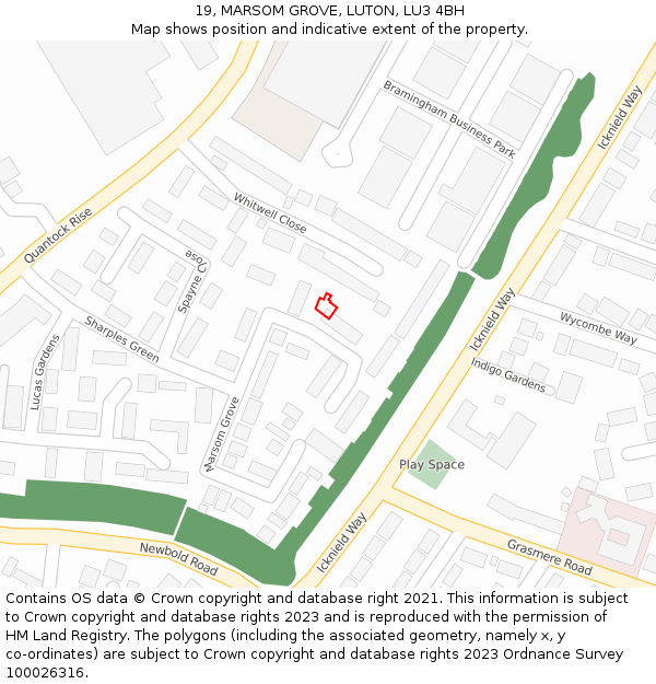 19, MARSOM GROVE, LUTON, LU3 4BH: Location map and indicative extent of plot