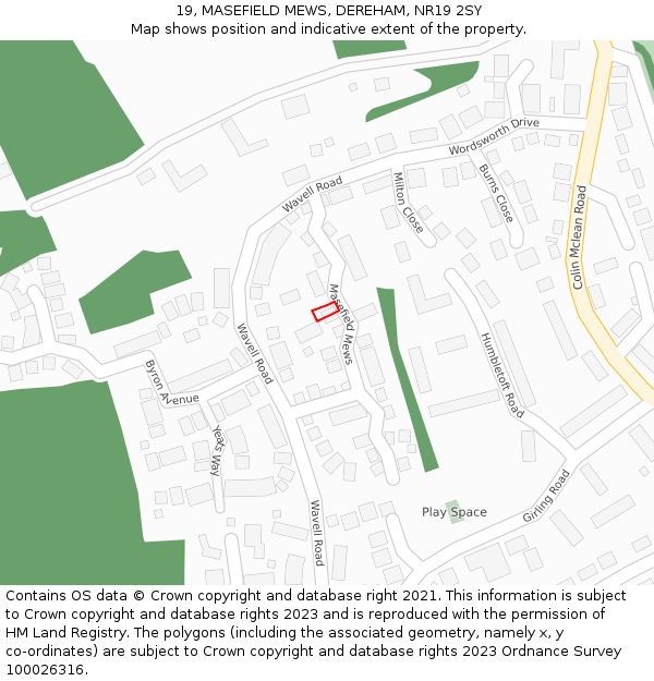 19, MASEFIELD MEWS, DEREHAM, NR19 2SY: Location map and indicative extent of plot