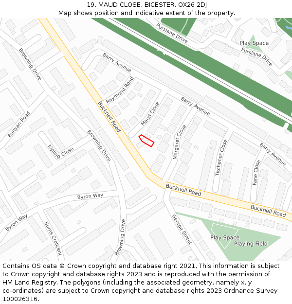 19, MAUD CLOSE, BICESTER, OX26 2DJ: Location map and indicative extent of plot