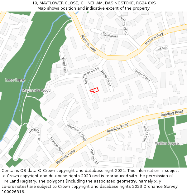 19, MAYFLOWER CLOSE, CHINEHAM, BASINGSTOKE, RG24 8XS: Location map and indicative extent of plot
